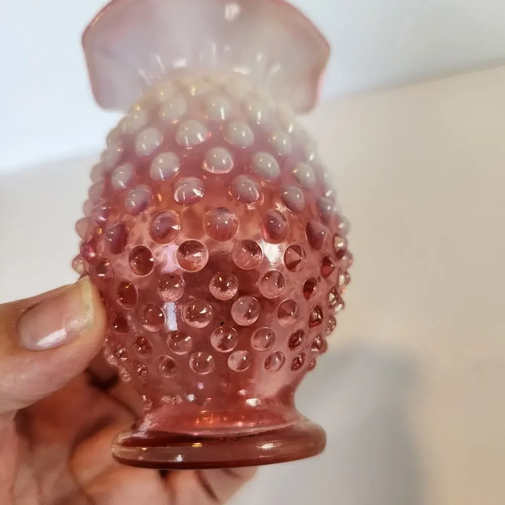 Vintage MCM Fenton Cranberry Opalescent Hobnail Bud Vase 3.75